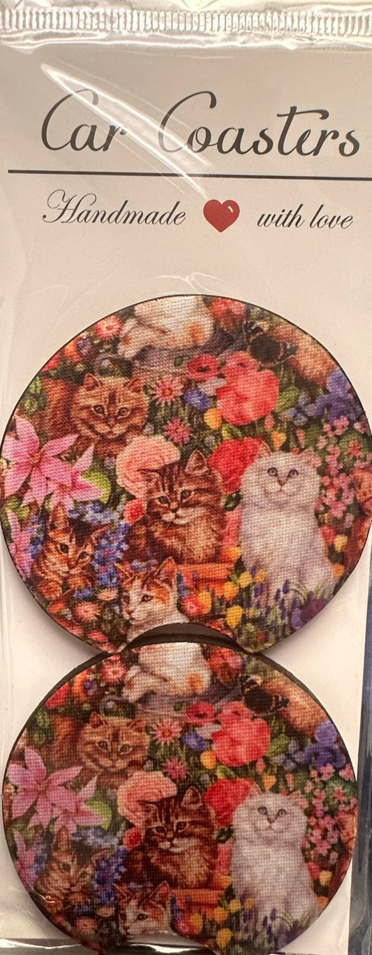 Floral Cats Neoprene Car Coasters